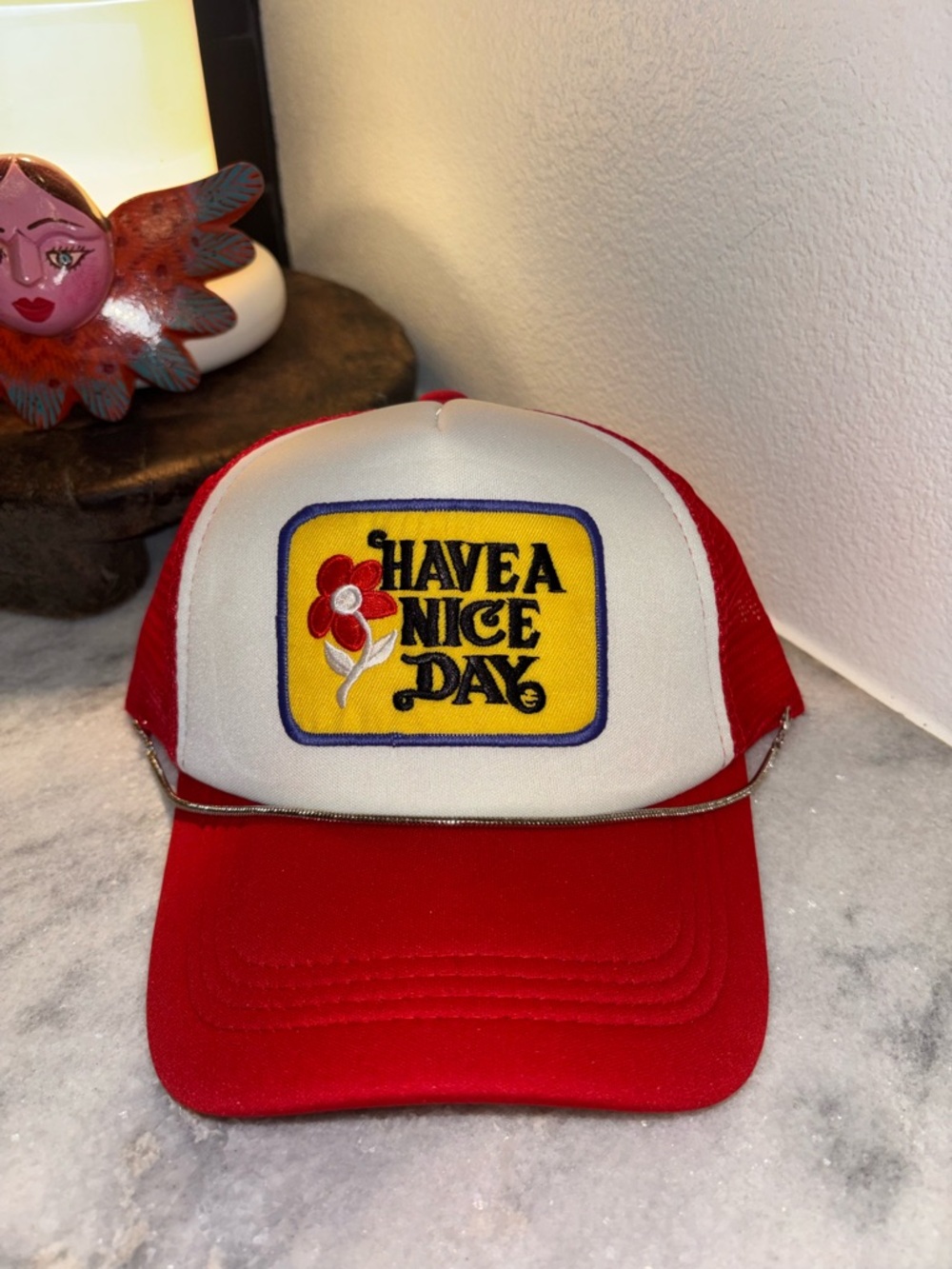 Red & White 'Have A Nice Day' Trucker Hat